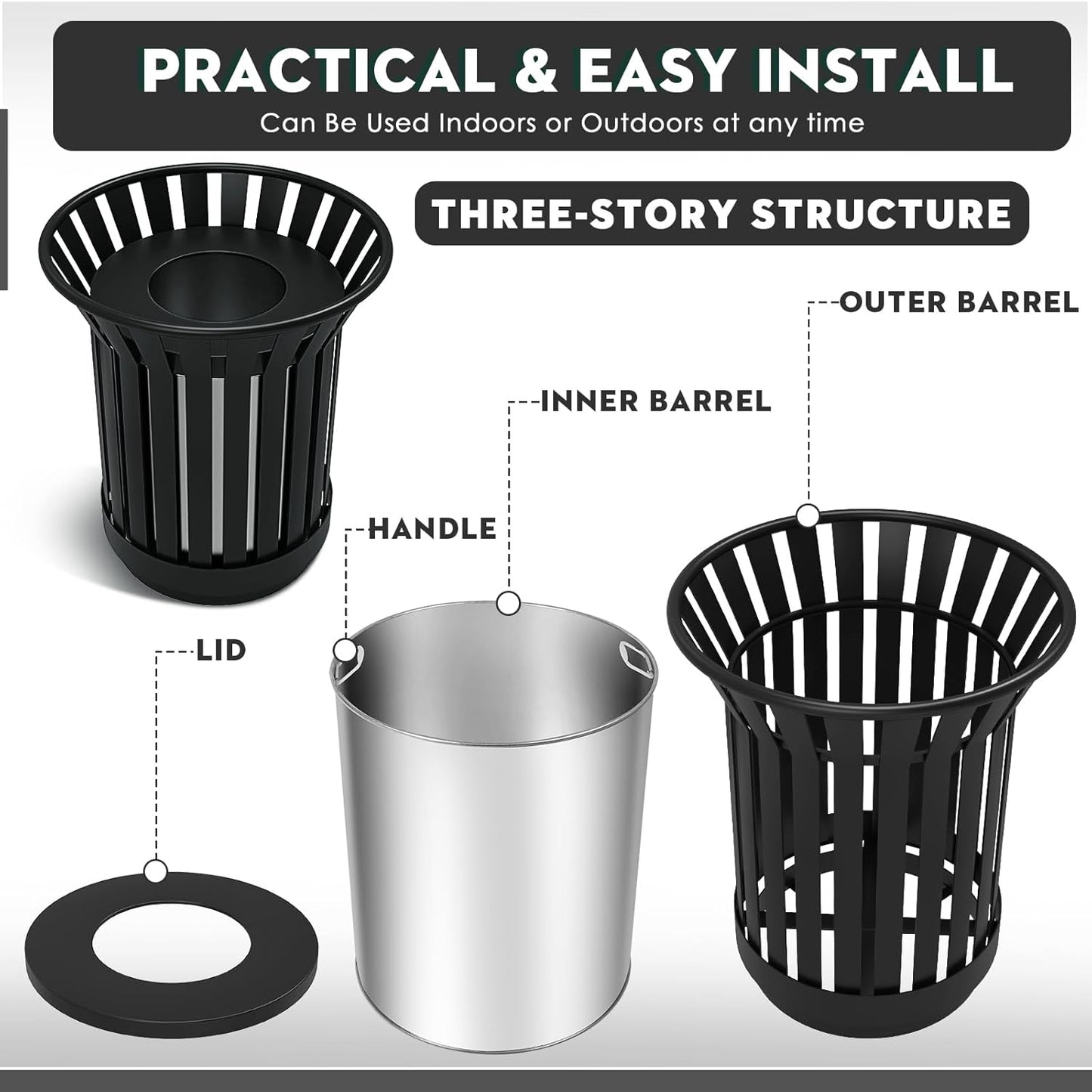 27.6IN Round Large Outdoor Trash Can, Heavy Duty Metal Slatted Garbage Can Outdoor, All Weather