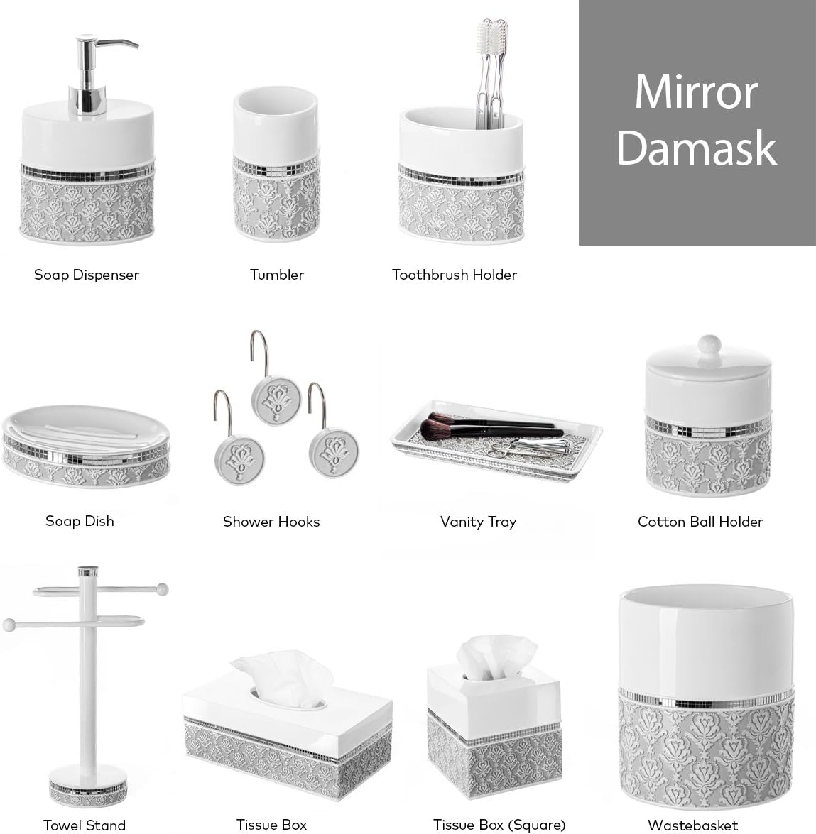 Creative Scents Mirror Damask Qtip Holder - Decorative Qtip Holder Canister Jar, Durable Cotton