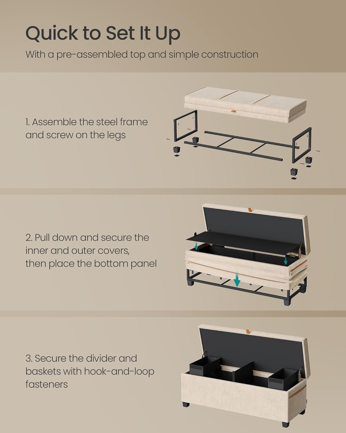 SONGMICS Storage Ottoman Bench, Storage Chest, 15.7 x 43.3 x 15.7 Inches, End of Bed Bench, 27 Gal.