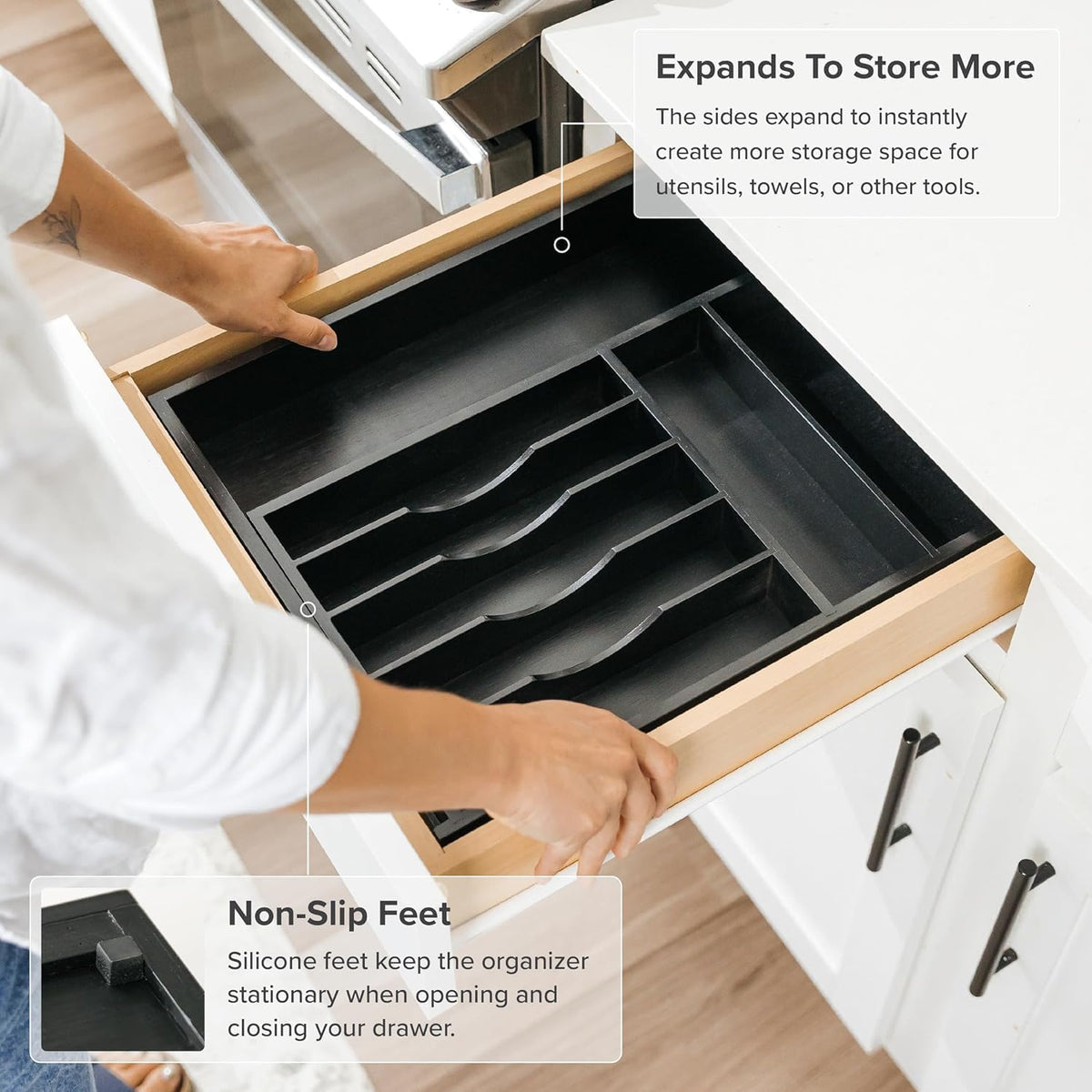 KitchenEdge Premium Silverware, Flatware and Utensil Organizer for Kitchen Drawers, Food-Safe