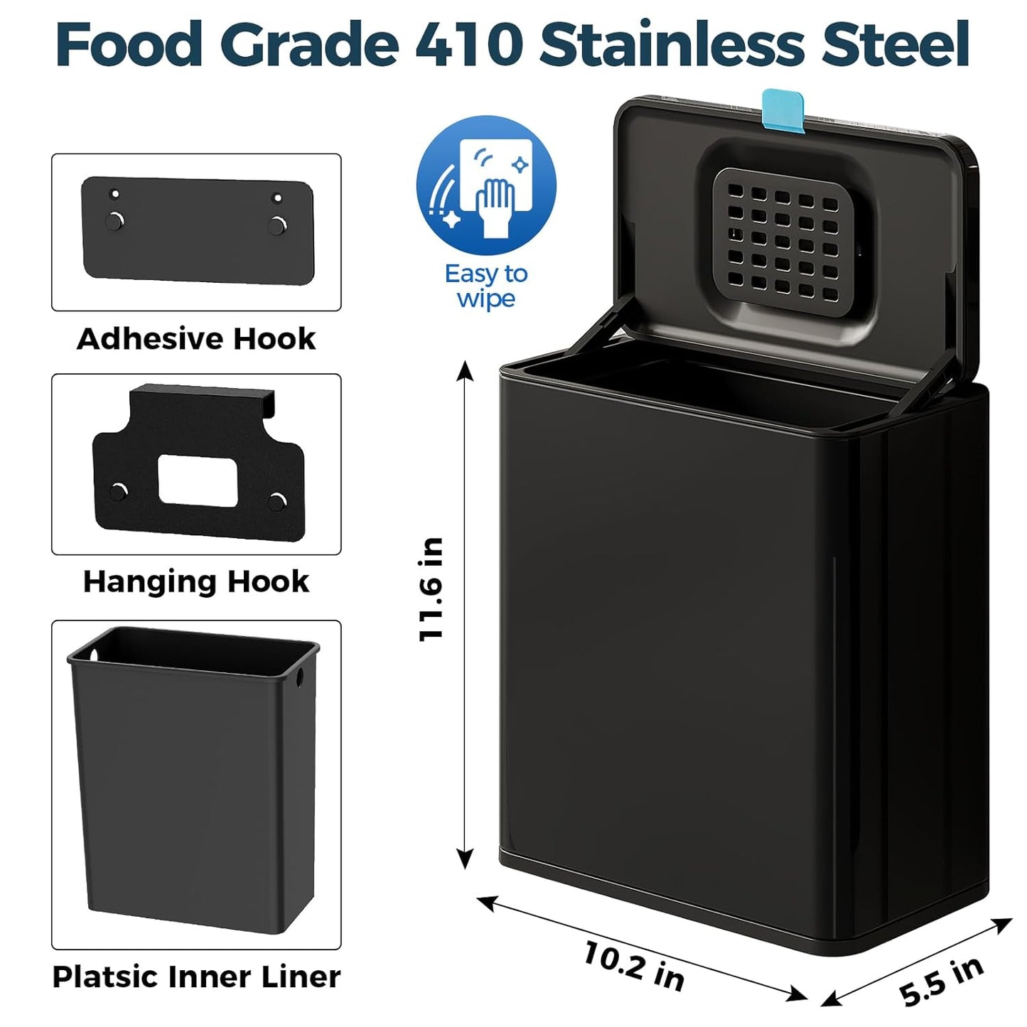 Stainless Steel Hanging Trash Can with Lid and Inner Bucket, 2 Gallon Kitchen Compost Bin for