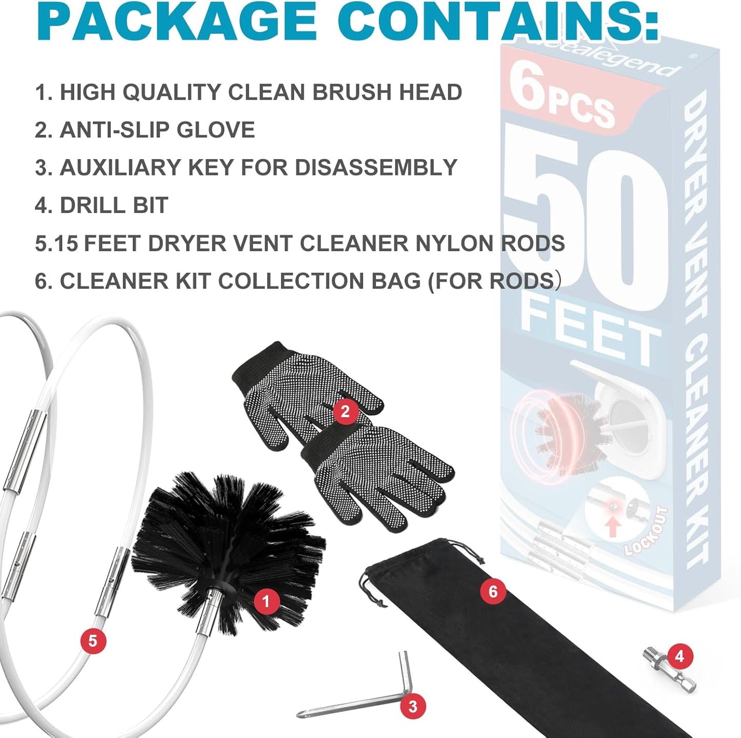 Sealegend 50 Feet Dryer Vent Cleaner Kit/Lint Remover/Fireplace Chimney Brushes/Upgraded Flexible