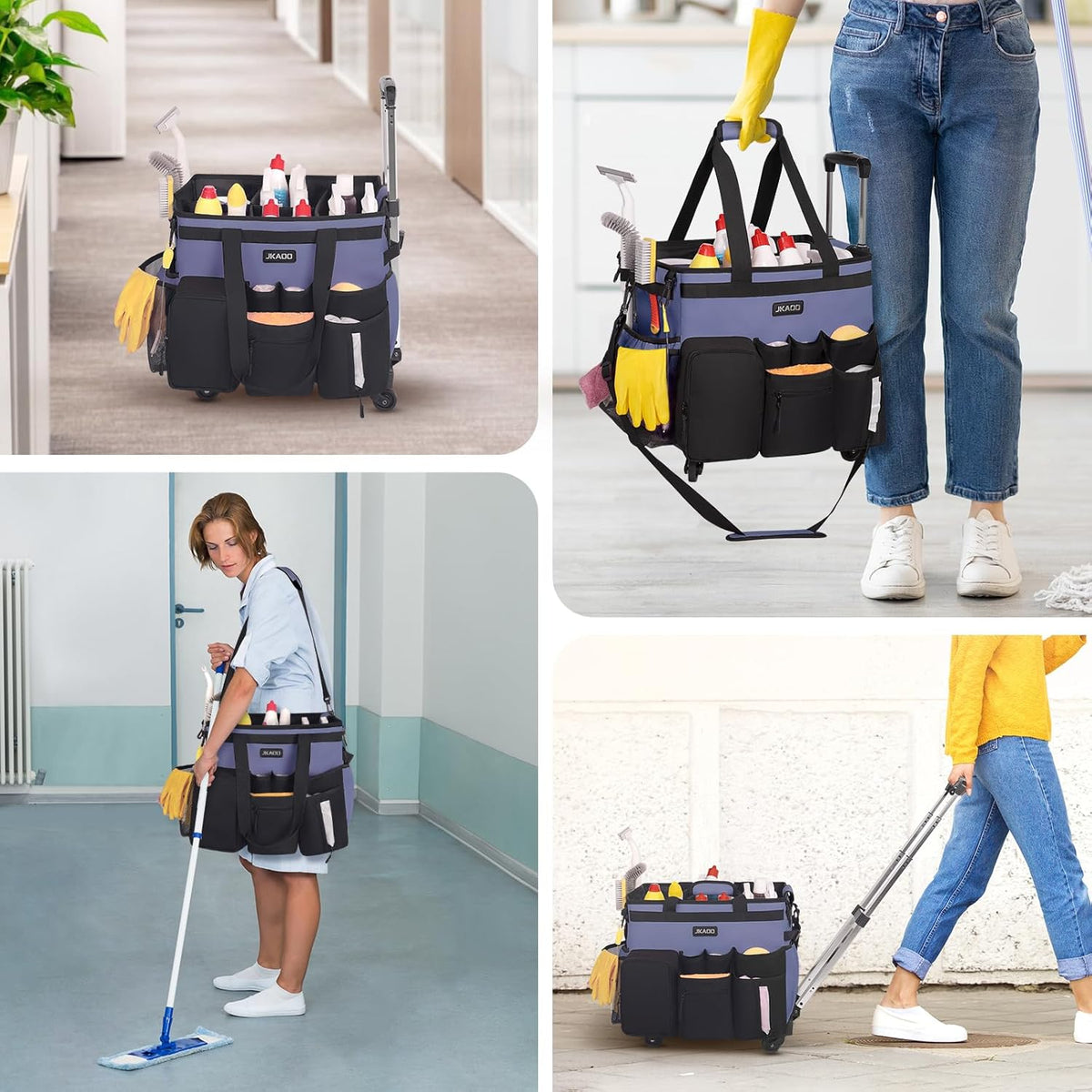 Large Rolling Cleaning Caddy Bag with Detachable Trolley, Waterproof Cleaning Caddy on Wheels for