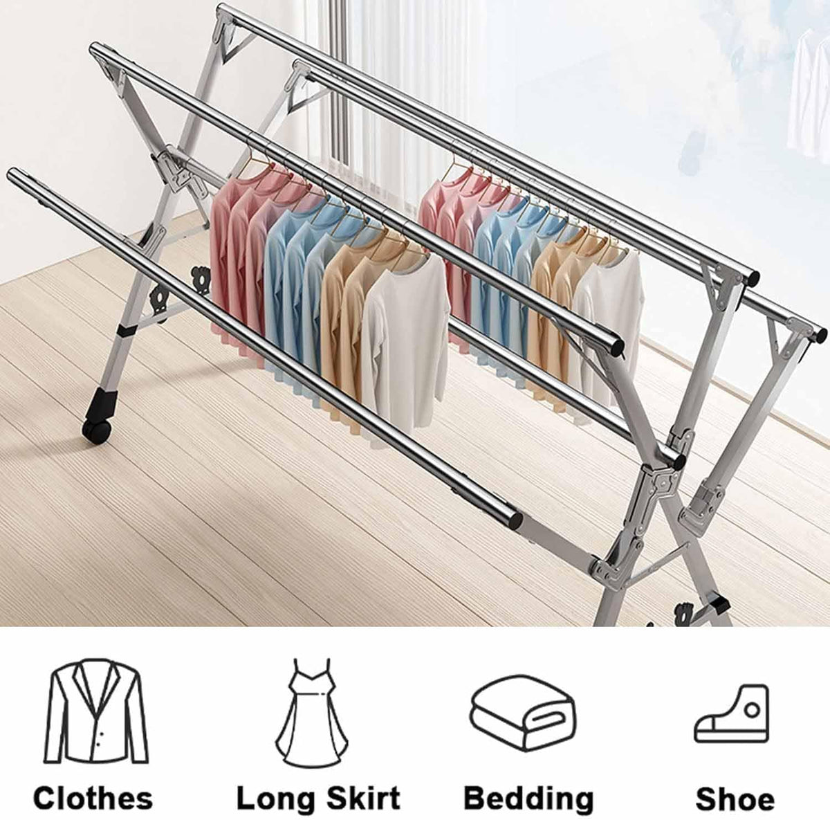 5Poles Clothes Drying Rack,Stainless Steel Laundry Rack with Wheels, Blanket Rack Clothesline
