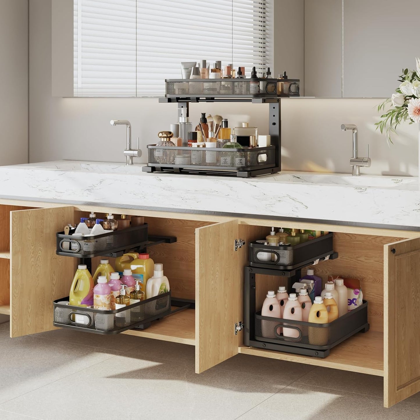 2 Pack 15.7IN-Depth Under Sink Organizer With Smooth Cylindrical Rail,2-Tier Pull Out Multi-Purpose