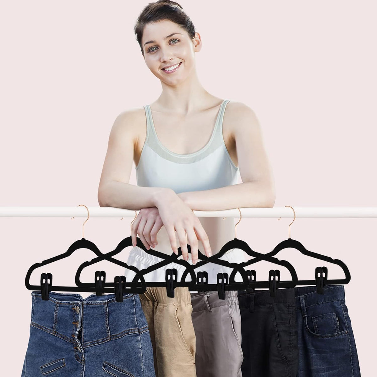 Black Velvet Hangers Clips 50 PCS, Non-Slip Velvet Clips for Suit Pant Skirt Hanger, Strong Finger