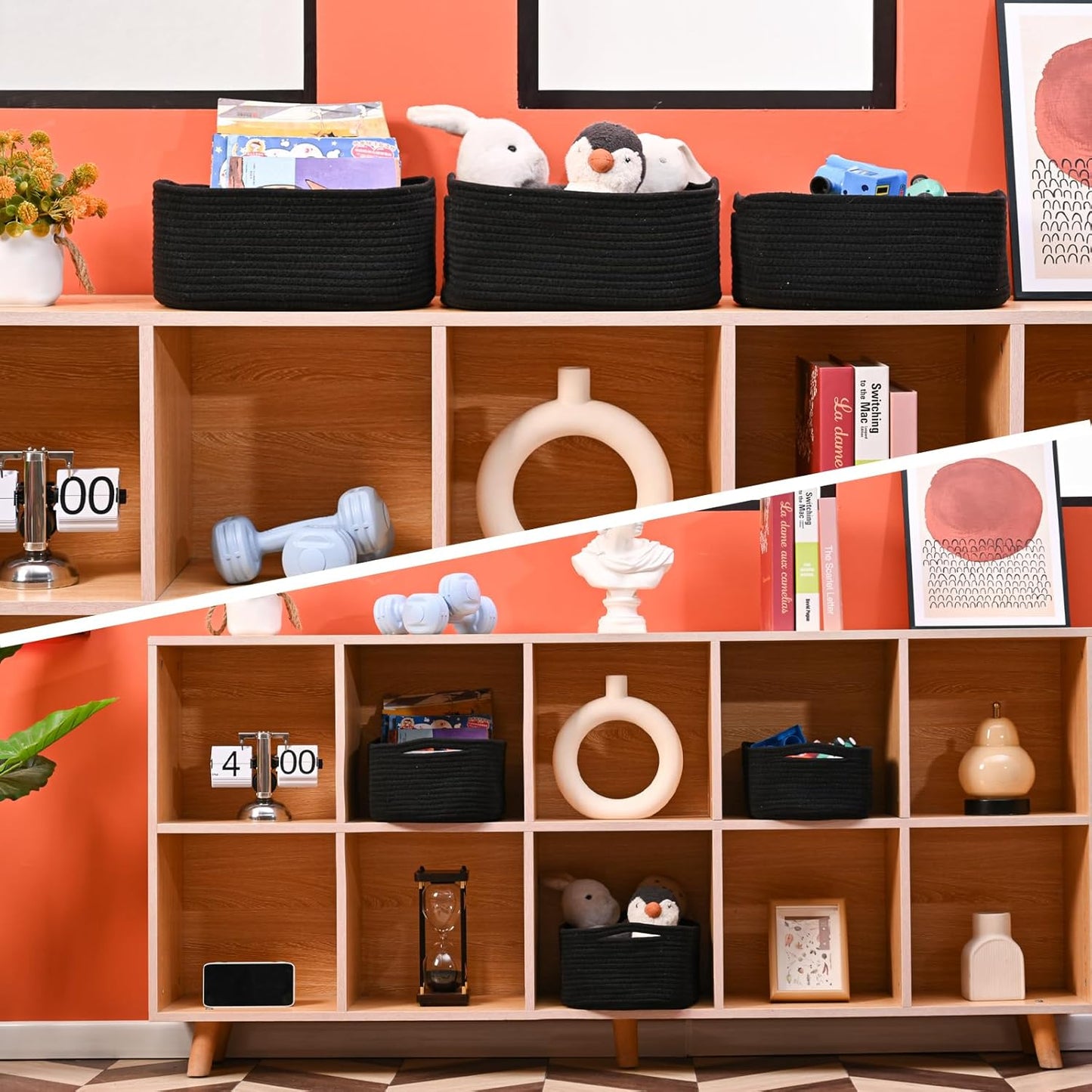 Small Black Baskets for Organizing, Storage Baskets for Shelves, Small Woven Cotton Rope Basket for