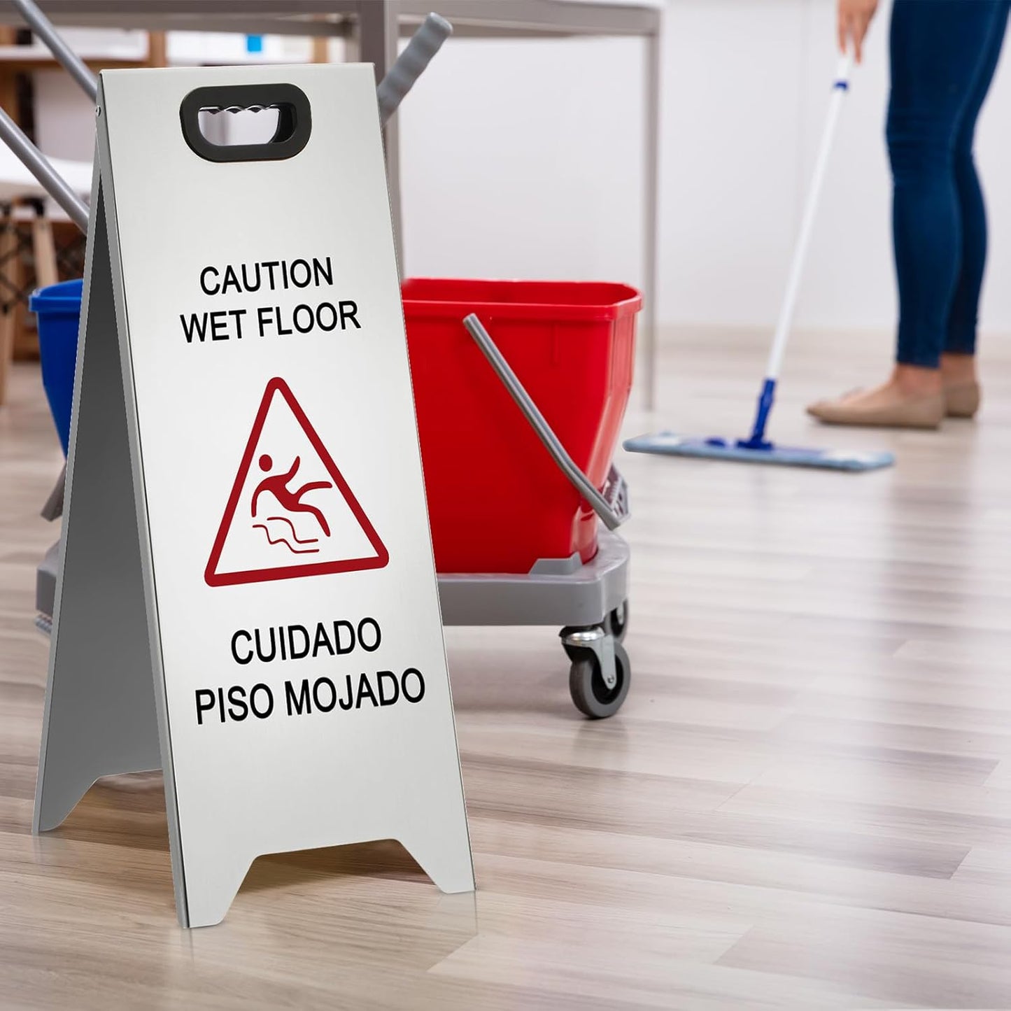 2 Pcs 24 Inch Stainless Steel Wet Floor Sign, Heavy Duty Caution Wet Floor Sign Double Sided