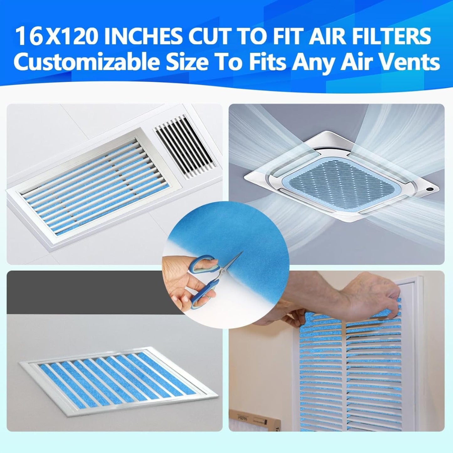 16" x120" Air Vent Filters, Cut to Fit Air Filter (65+ Filters), MERV 8 Triple Vent Filter for Home