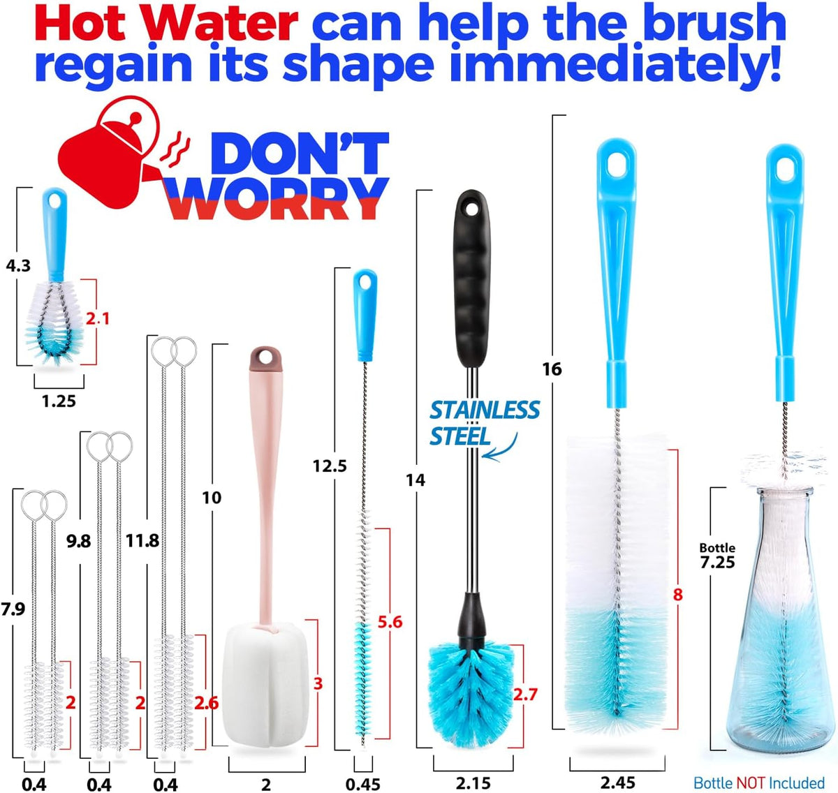 Holikme Bottle Brush Tube Cleaning Lab Set with Long Handle, Cup Cleaner for Washing Narrow Neck