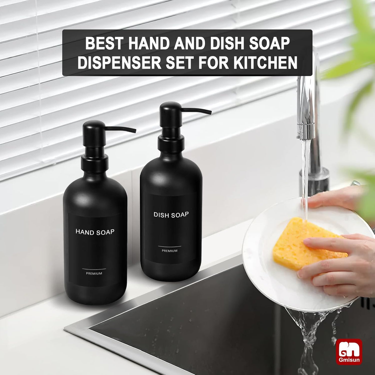 GMISUN Black Soap Dispenser, 2 Pack Matte Black Hand Soap Dispensers Bathroom with Stainless Steel