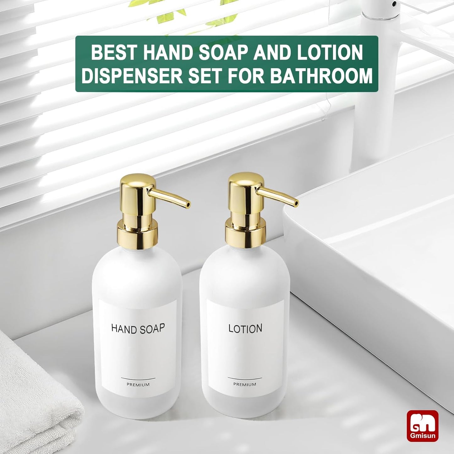 GMISUN White Soap Dispenser, 2 Pack Glass Hand Soap Dispensers Bathroom with Gold Pump, 17 Fl Oz
