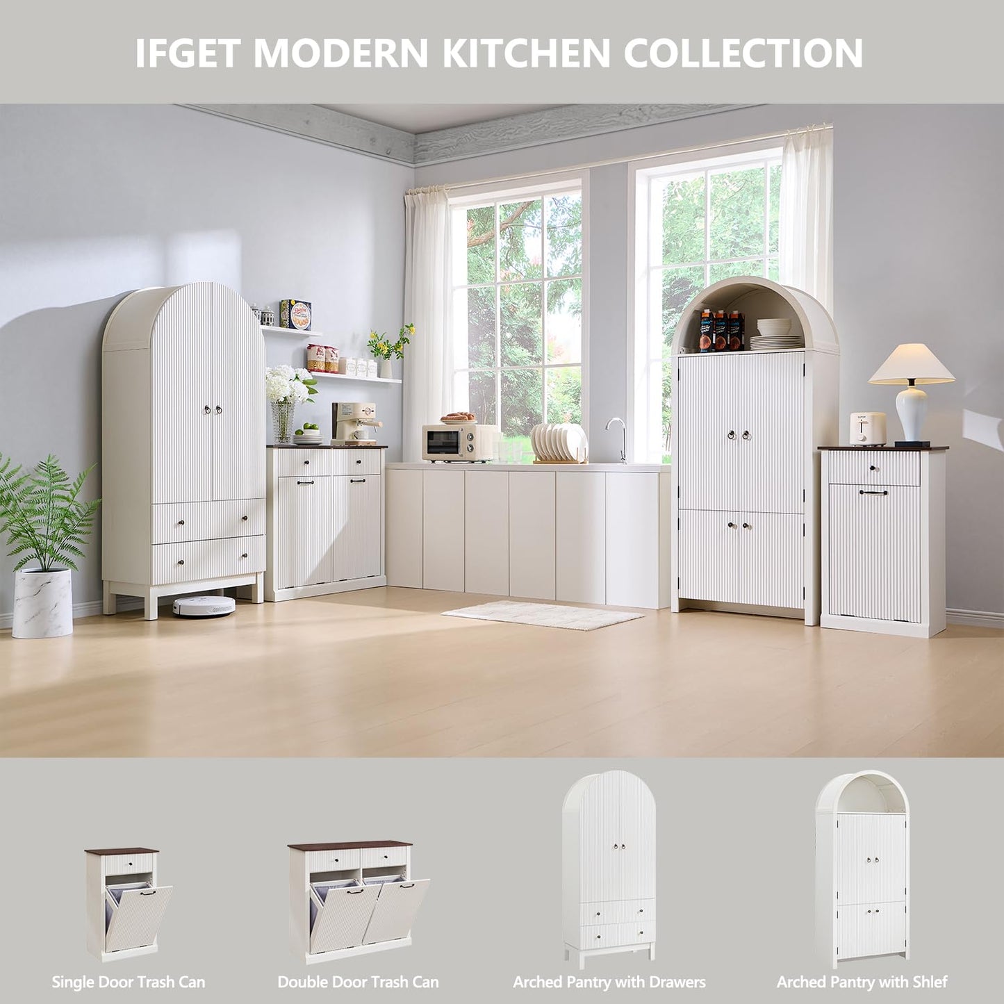 Modern Tilt-Out Trash Can Cabinet, 10 Gallon Fluted Laundry Hamper Cabinet with Drawers, Wooden