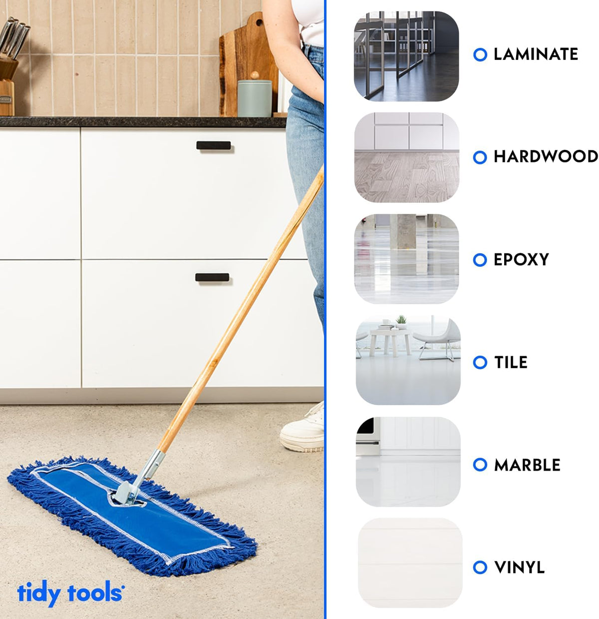 36 Inch Blue Commercial Dust Mop & Floor Sweeper – Wood Handle Floor Mop for Tile, Hardwood &