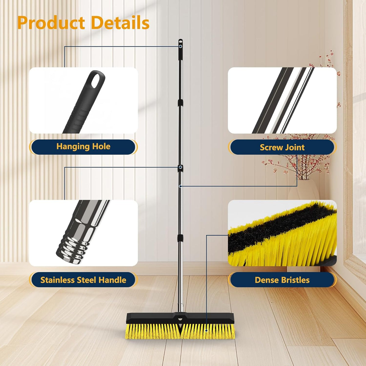 18 Inches Push Broom Outdoor with 65" Adjustable Handle, Heavy Duty Outdoor Broom with Stiff