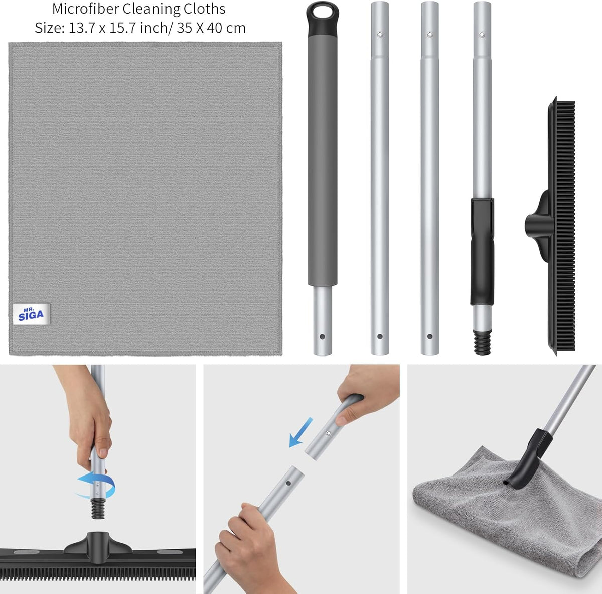MR.SIGA Pet Hair Removal Rubber Broom with Built in Squeegee, 3 in 1 Floor Brush for Carpet, 61
