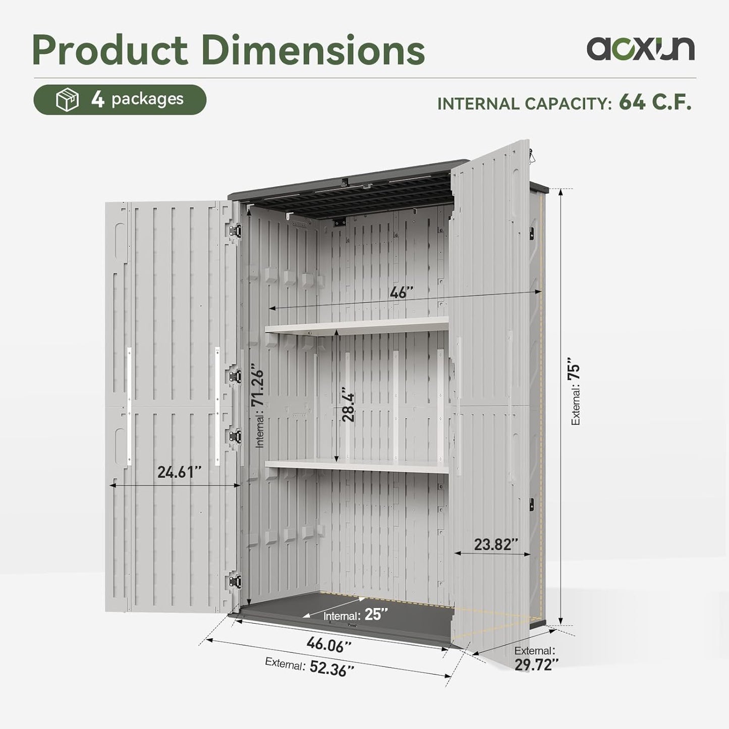 Aoxun 64 Cu.Ft Outdoor Storage Shed with Floor and 2 Shelves, Waterproof Horizontal Resin Cabinet