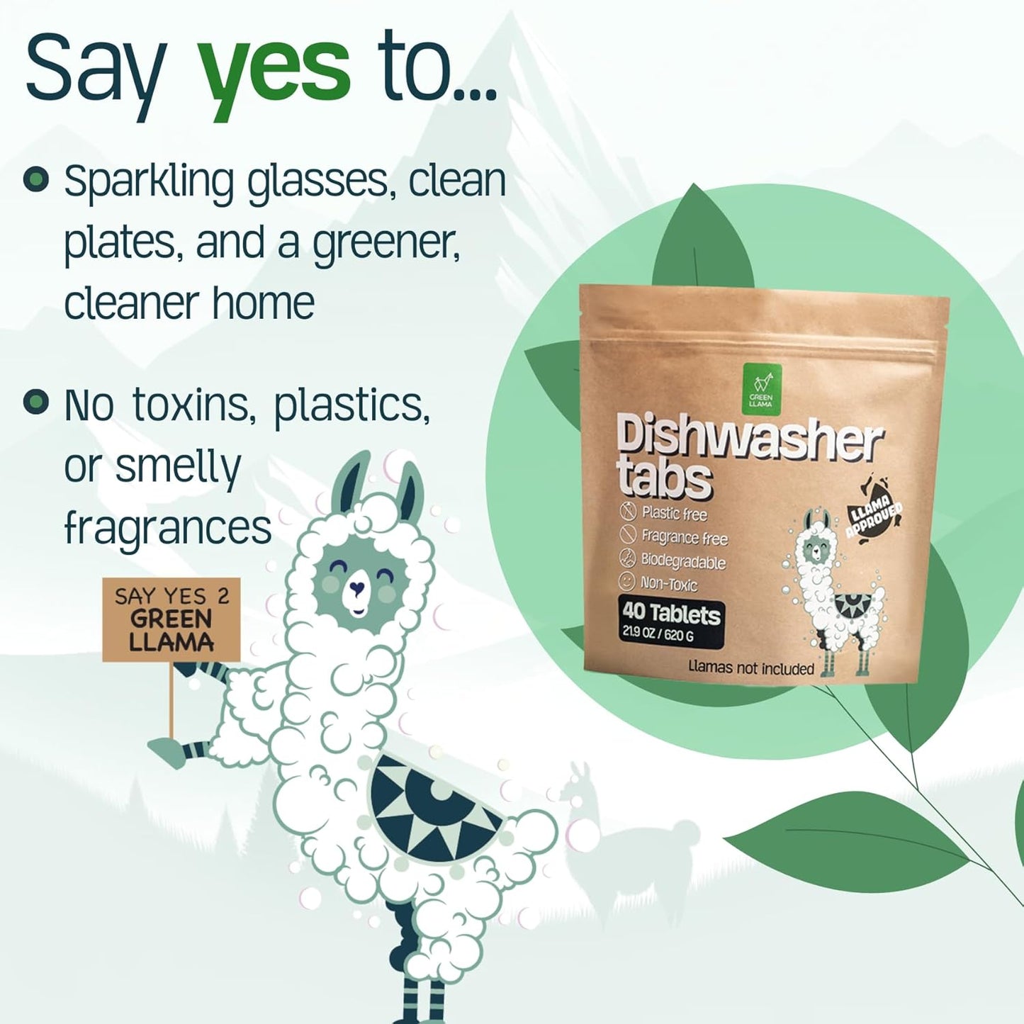 Green Llama Dishwasher Tablets (80 Count, 2 Packs): Fragrance-Free, PVA-Free, Compostable