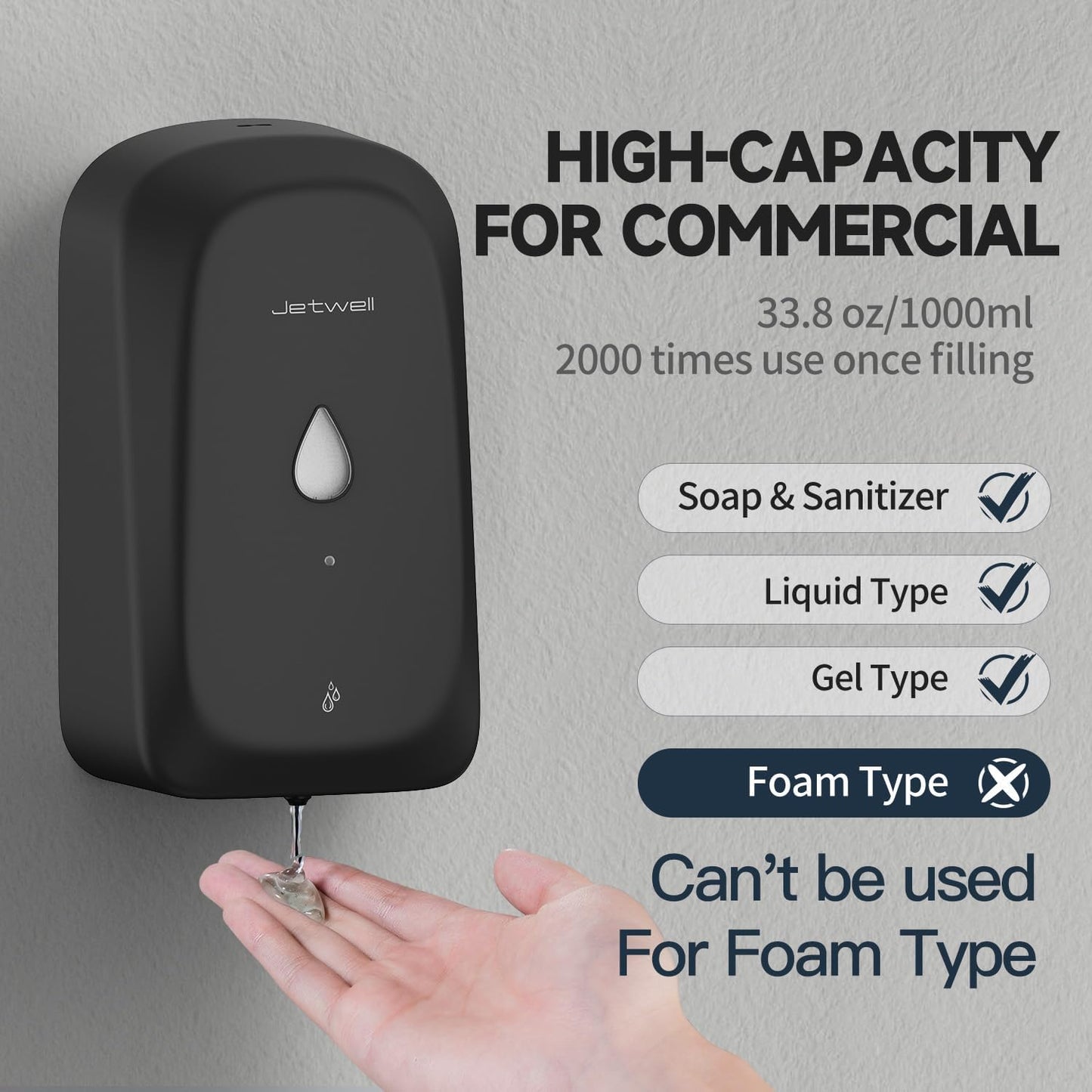 JETWELL Automatic Touch-Less Wall Mount Hand Soap Dispenser Liquid Drop Battery Operated, Black