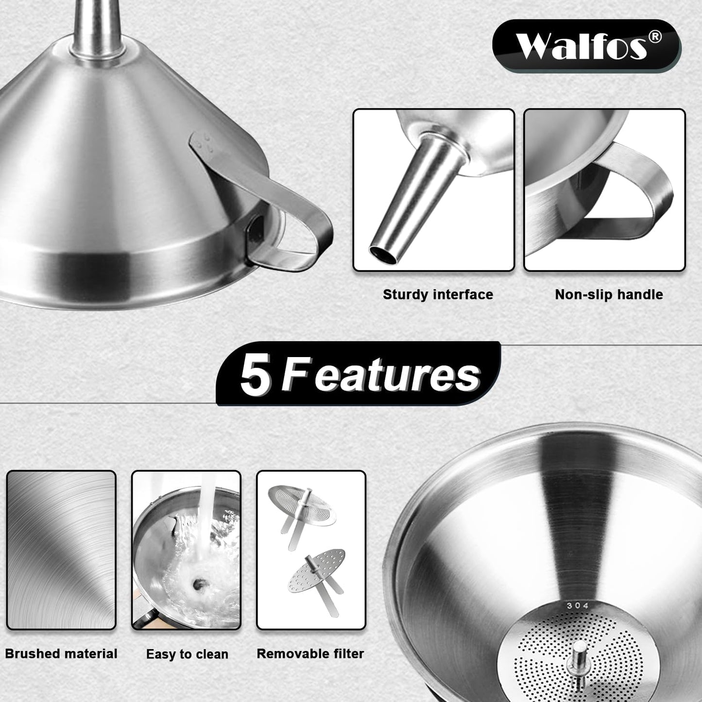 Stainless Steel Funnel, Walfos 3 Different Sizes of Kitchen funnels with 2 Removable Strainer &