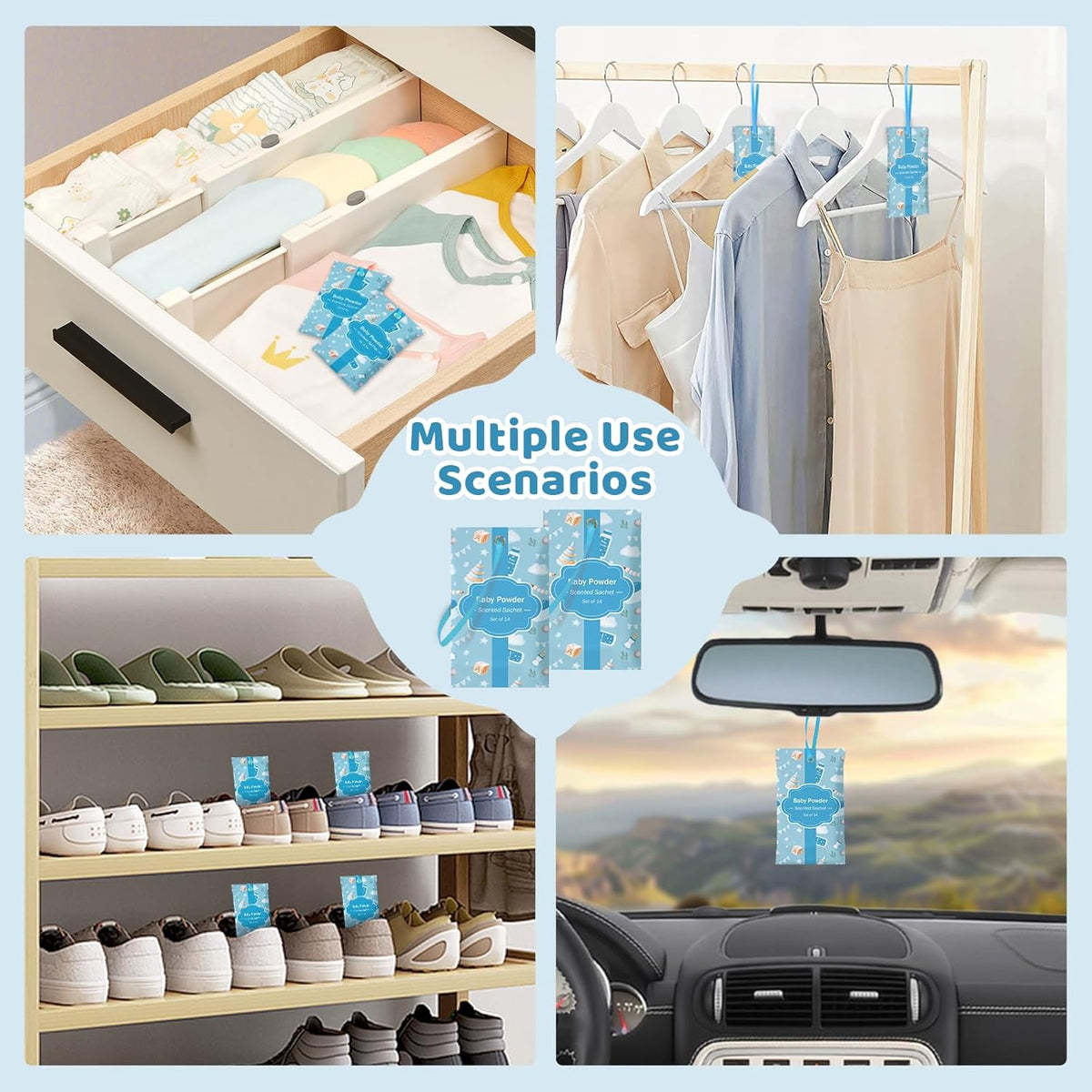 SCENTORINI Scented Sachets for Drawers and Closets, Baby Powder Scent 14 Pack, Long-Lasting Sachets