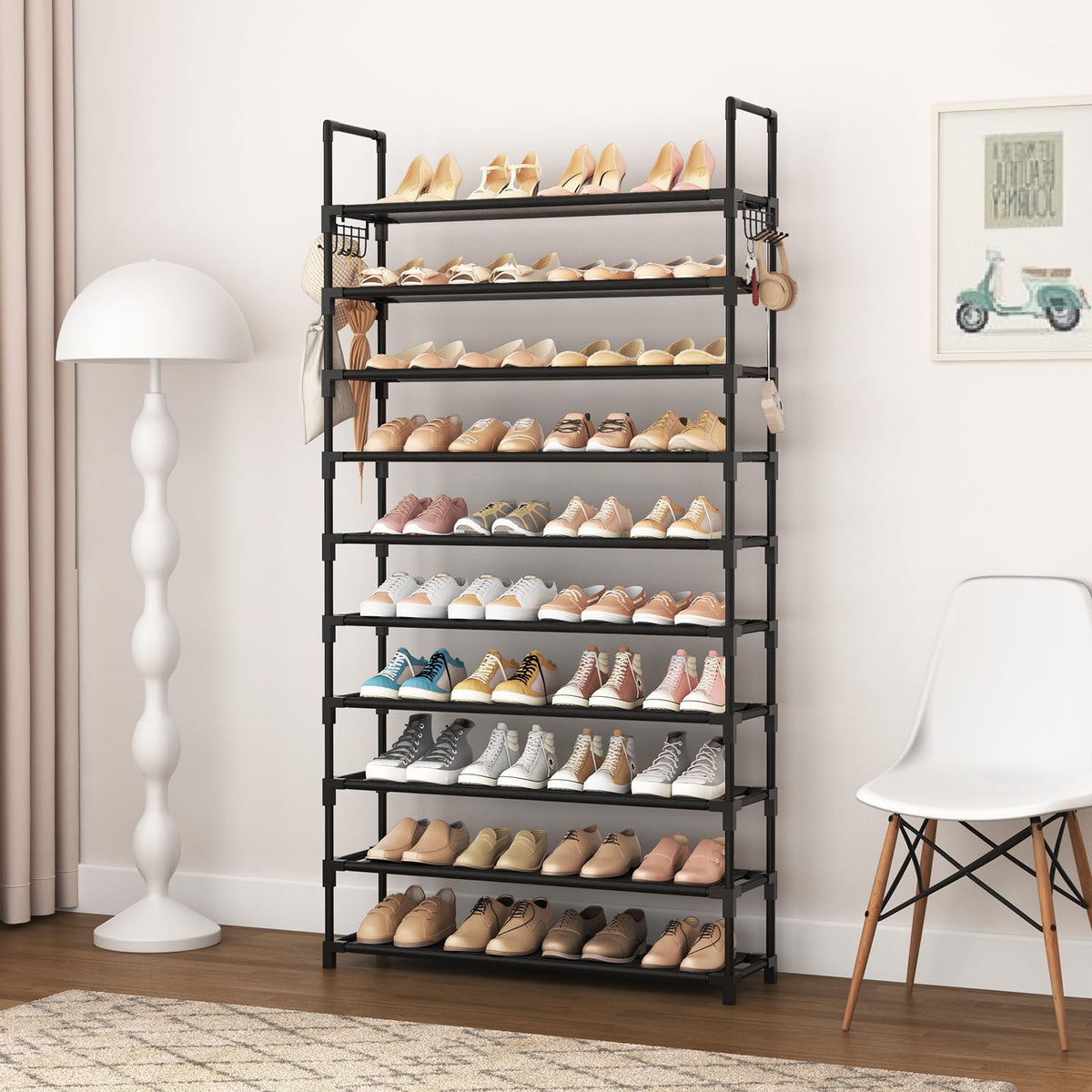 VTRIN 10 Tier Shoe Rack Tall Large Capacity Wide Shoe Organizer with Two Hooks Sturdy Metal Shoe