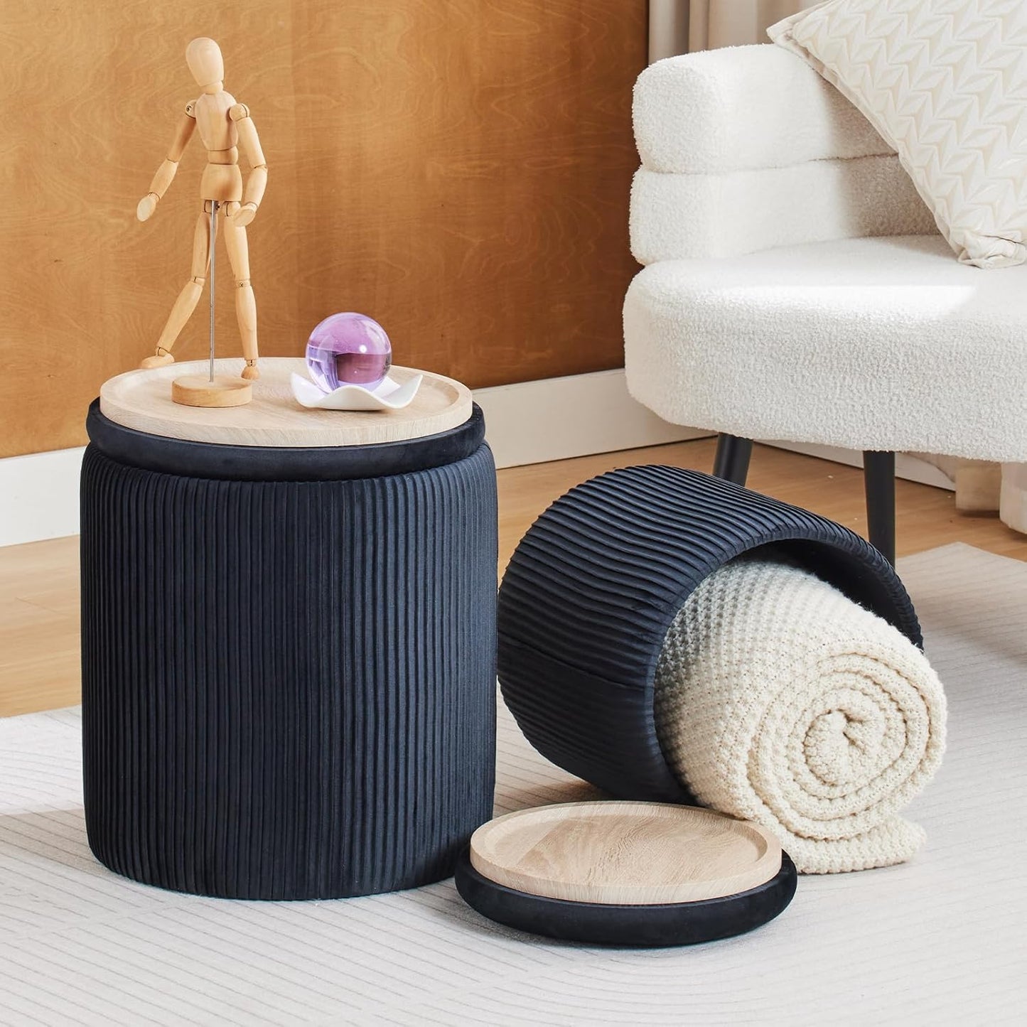 Round Ottoman with Storage Set of 2-Upholstered Velvet Vanity Stool for Makeup Multifunctional