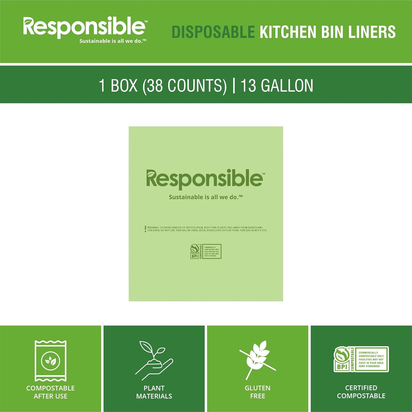 Responsible Products Kitchen Bin Liners, Certified Compostable, Heavy Duty Multipurpose Food Scrap