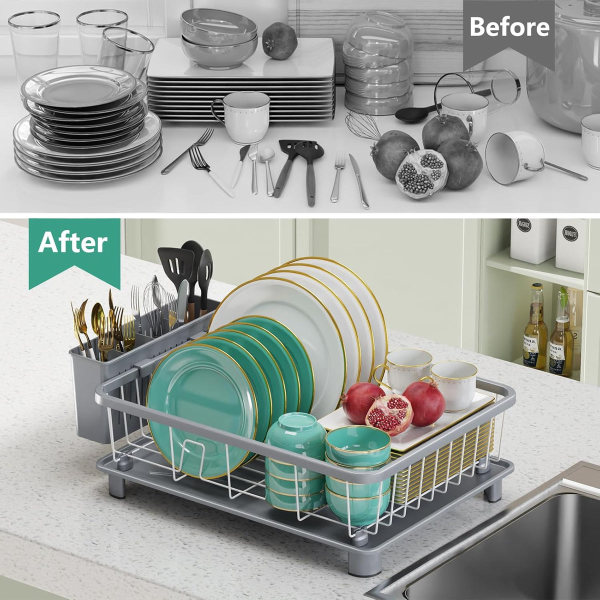 Dish Drying Rack - Space-Saving Dish Rack,Dish Racks for Kitchen Counter with Drainboard, Rustproof