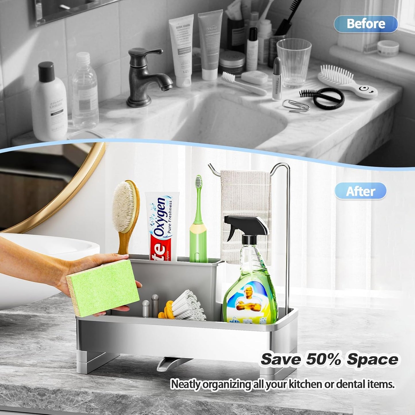 Stainless Steel Sink Caddy, Sponge Holder for Kitchen Sink with Brush Holder & Dishcloth Rack