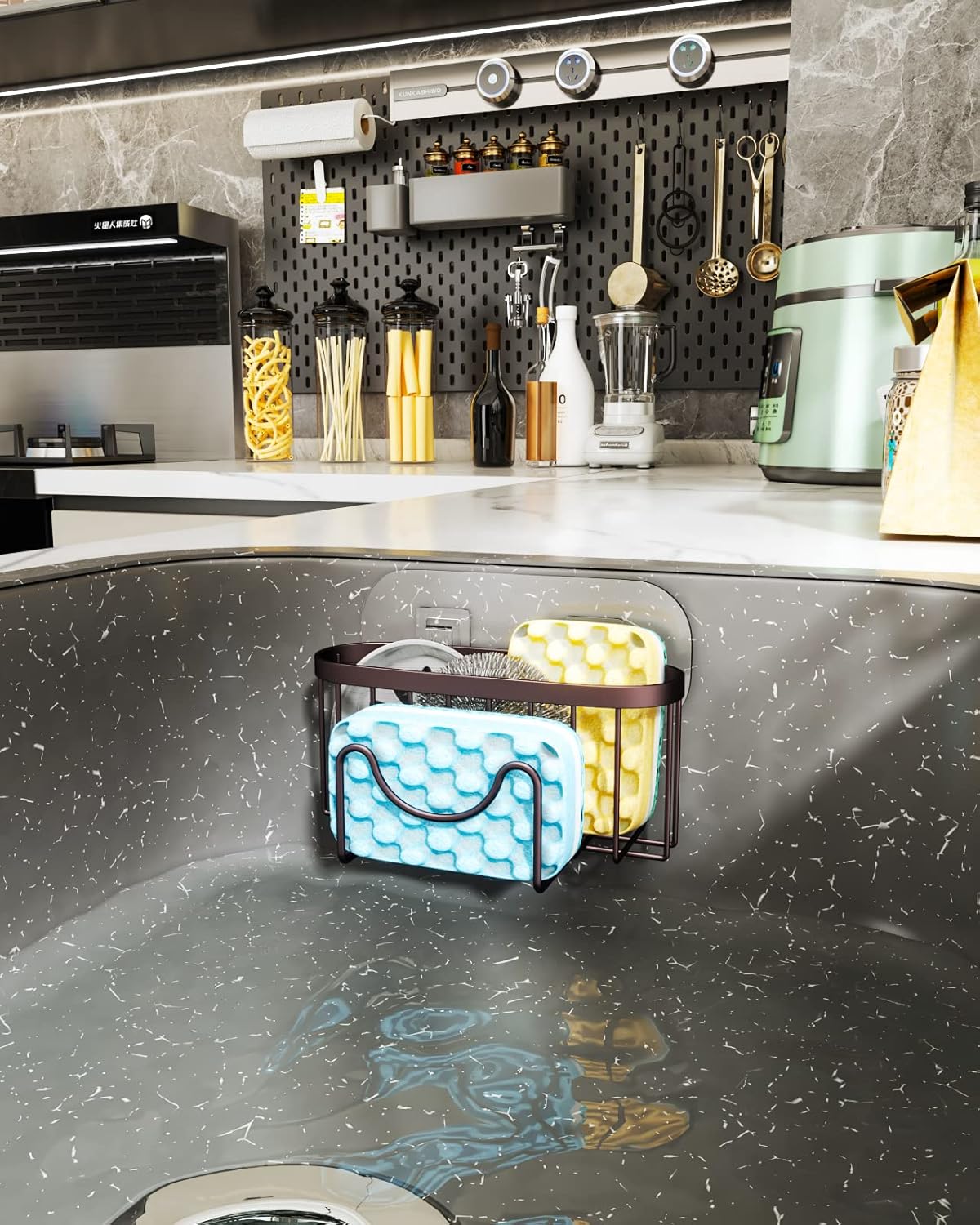 HapiRm Multifunctional Sponge Holder for Kitchen Sink with Unique M-Shaped, 2 Installation Methods