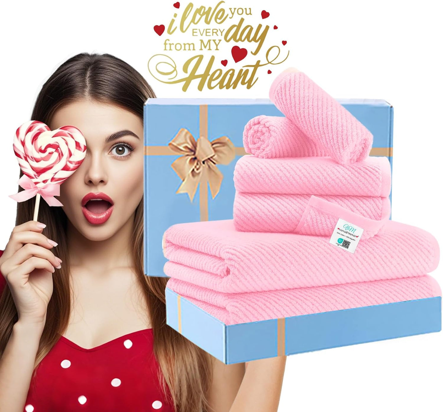 Pink Towels - 100% Cotton, Soft, Quick Dry, Lightweight, Towel Set of 6, 2 Large Bath 30" x 56", 2
