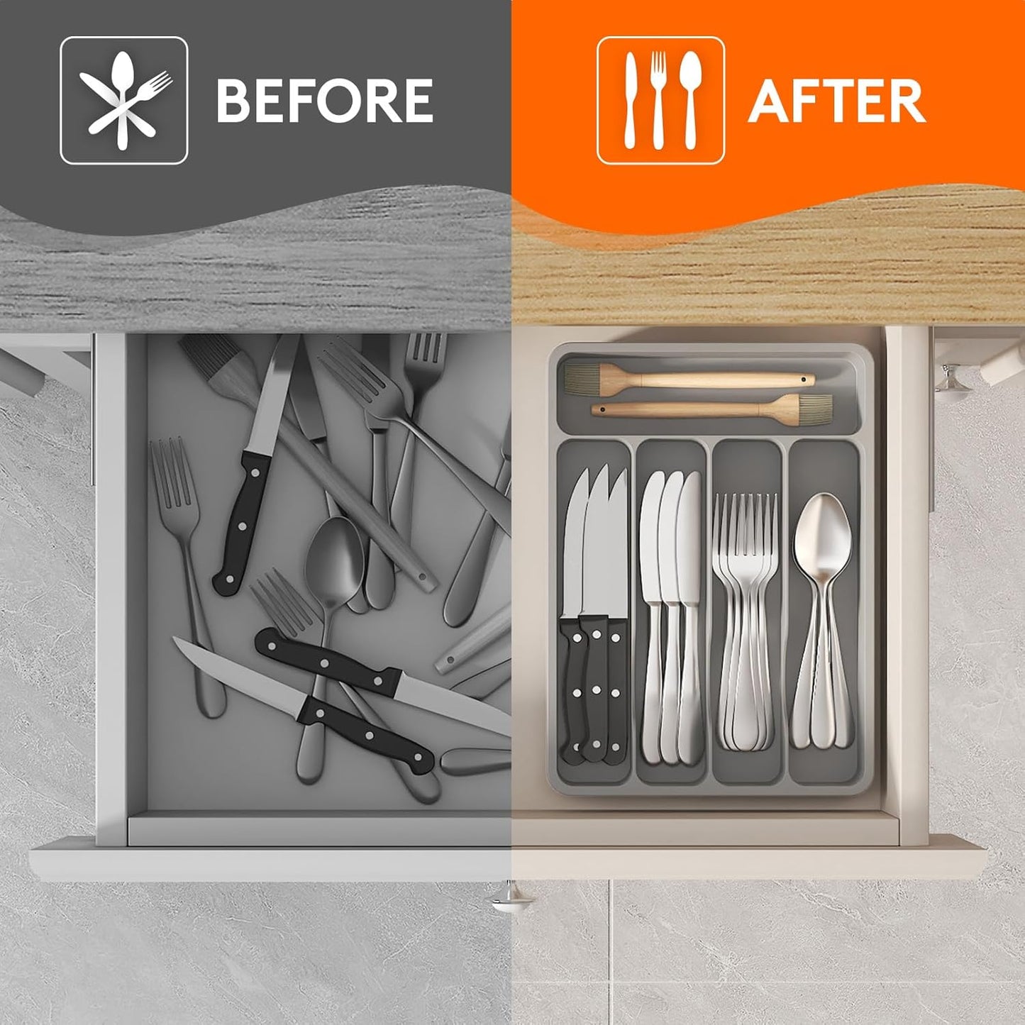 Lifewit Silverware Drawer Organizer Tray, Plastic Cutlery Storage for Kitchen Drawer, Flatware and