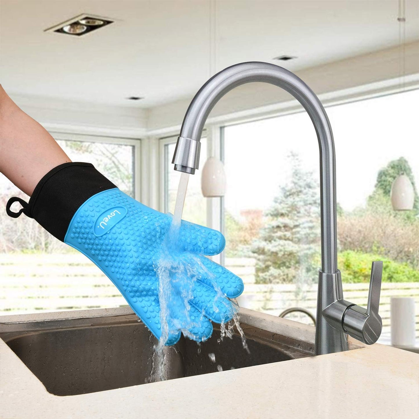 Kitchen Oven Gloves - Dual-Layer Heat Resistant Grilling Gloves, Silicone Oven Mitts with 5