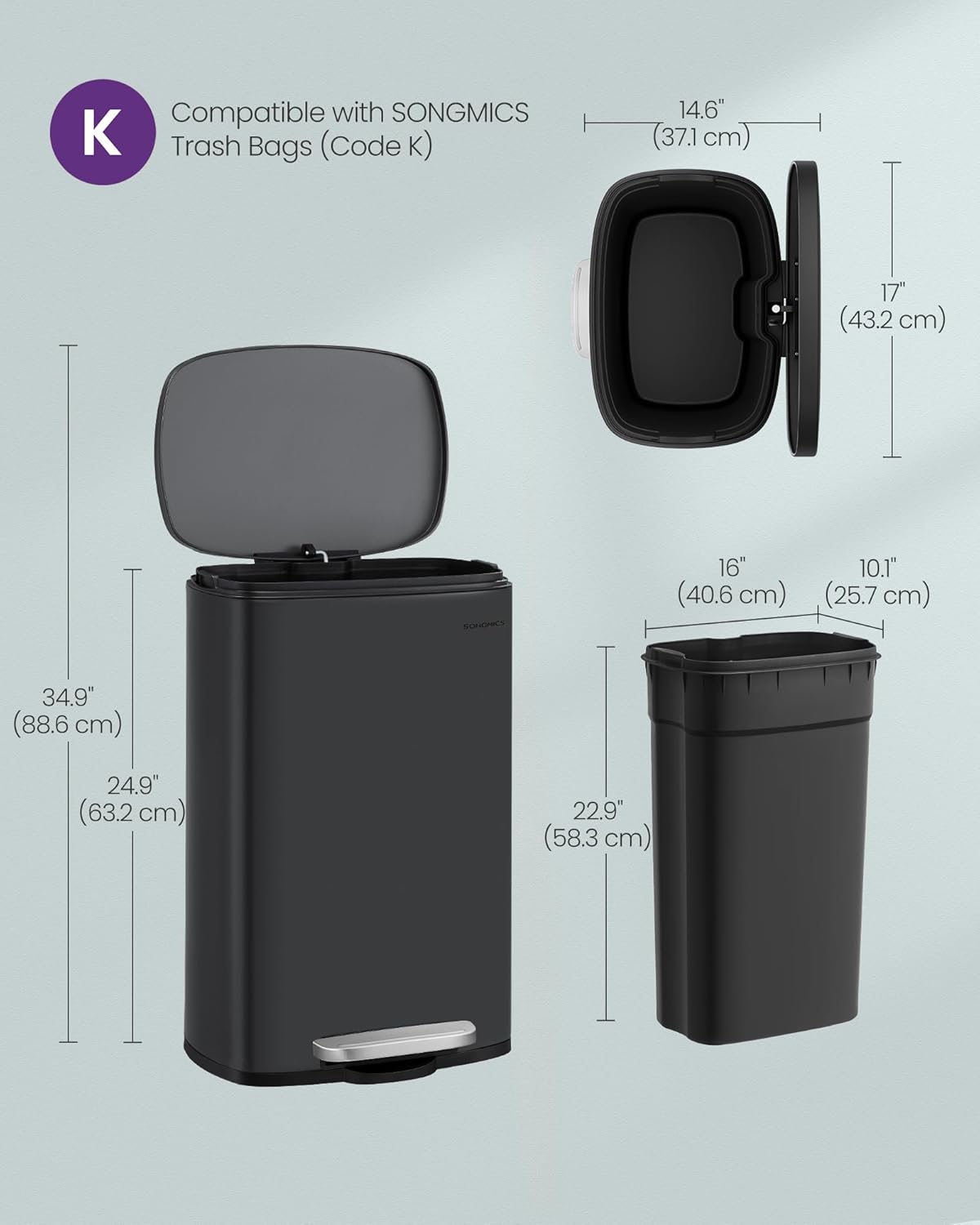 SONGMICS 13 Gallon (50 L) Trash Can, Stainless Steel Kitchen Garbage Can, Recycling or Waste Bin
