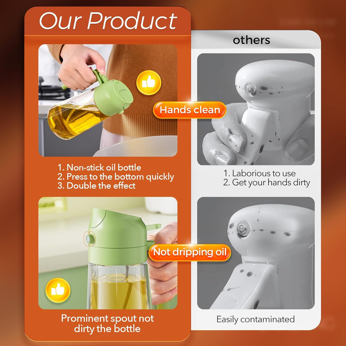 YARRAMATE 2Pcs 16oz/470ml 2 in 1 Oil Sprayer for Cooking with Stickers, Food-grade Glass Oil Spray
