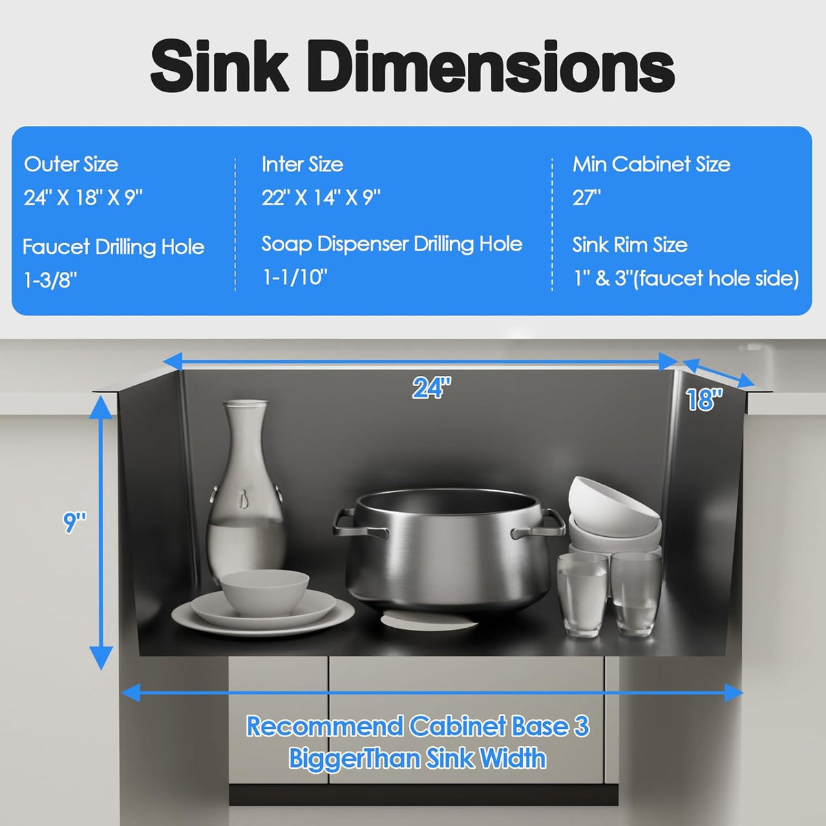24x18x9 Inch Kitchen Sink, Handmade 304 Black Stainless Steel Single Bowl, 2-Hole Drop In