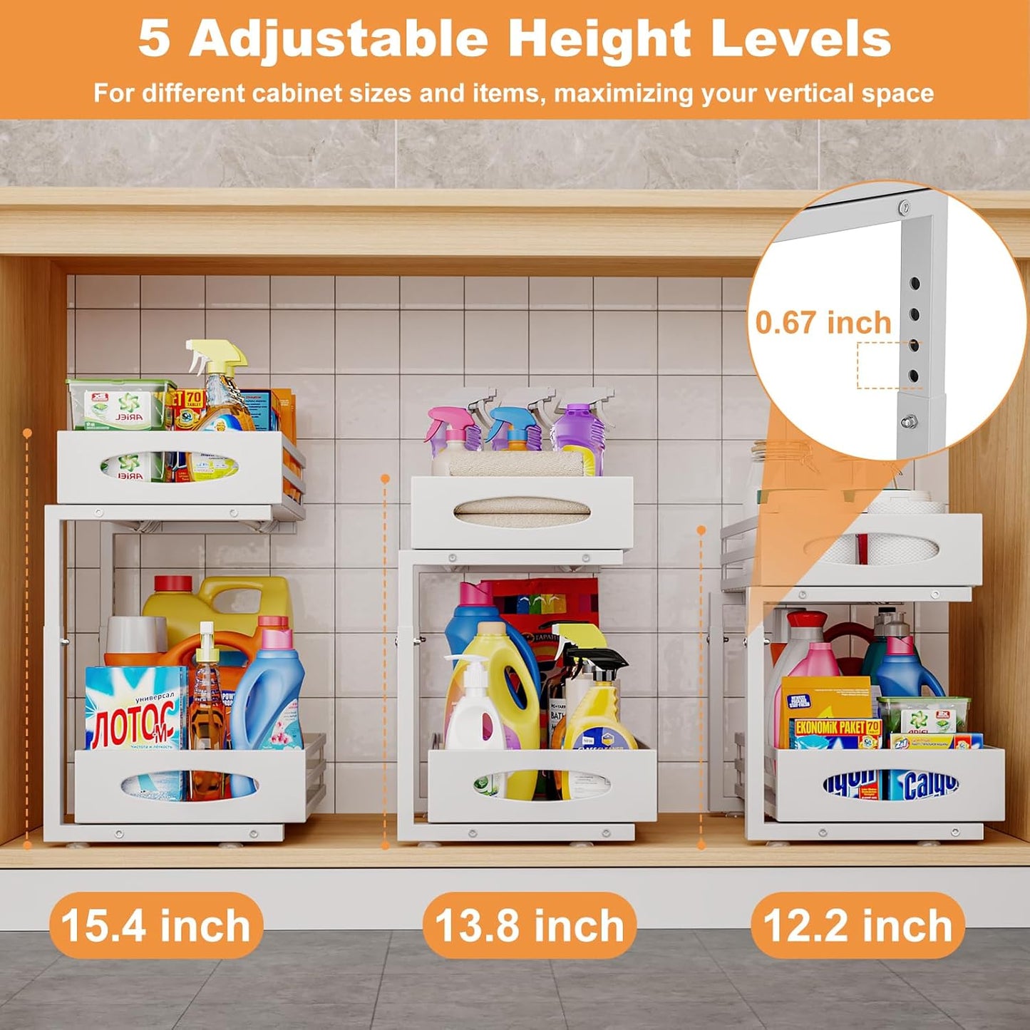 Under Sink Organizer, 2 Tier Under Sink Organizers and Storage, Adjustable Height, Slide out Metal