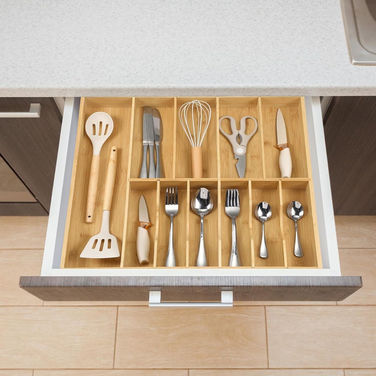 Fabsome Silverware Organizer for Kitchen Drawers, 2.5'' Deep 18.8'' Wide Bamboo Wood Flatware Tray