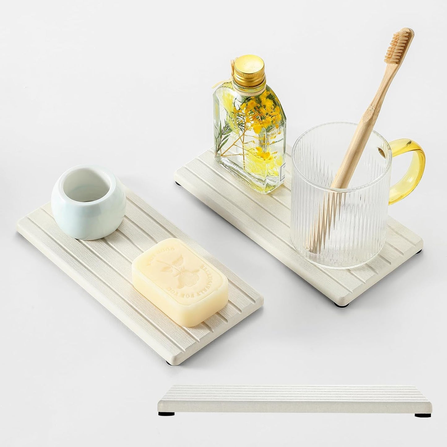 2 Pack Greige Bathroom Sink Vanity Trays, Diatomite Stone Kitchen Counter Caddy Dish Soap Dispenser