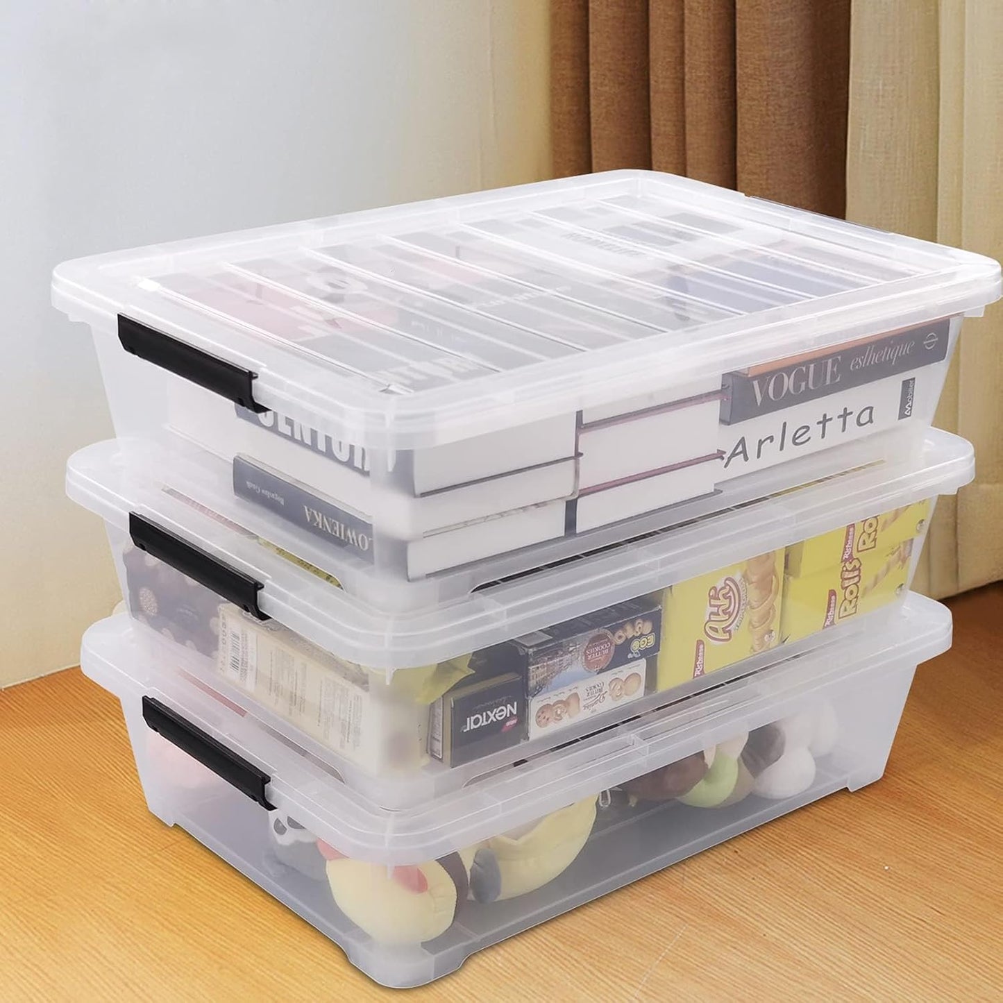 40 Quart Clear Plastic Underbed Storage Container, Wheeled Latching Storage Box for Shoes, Bags