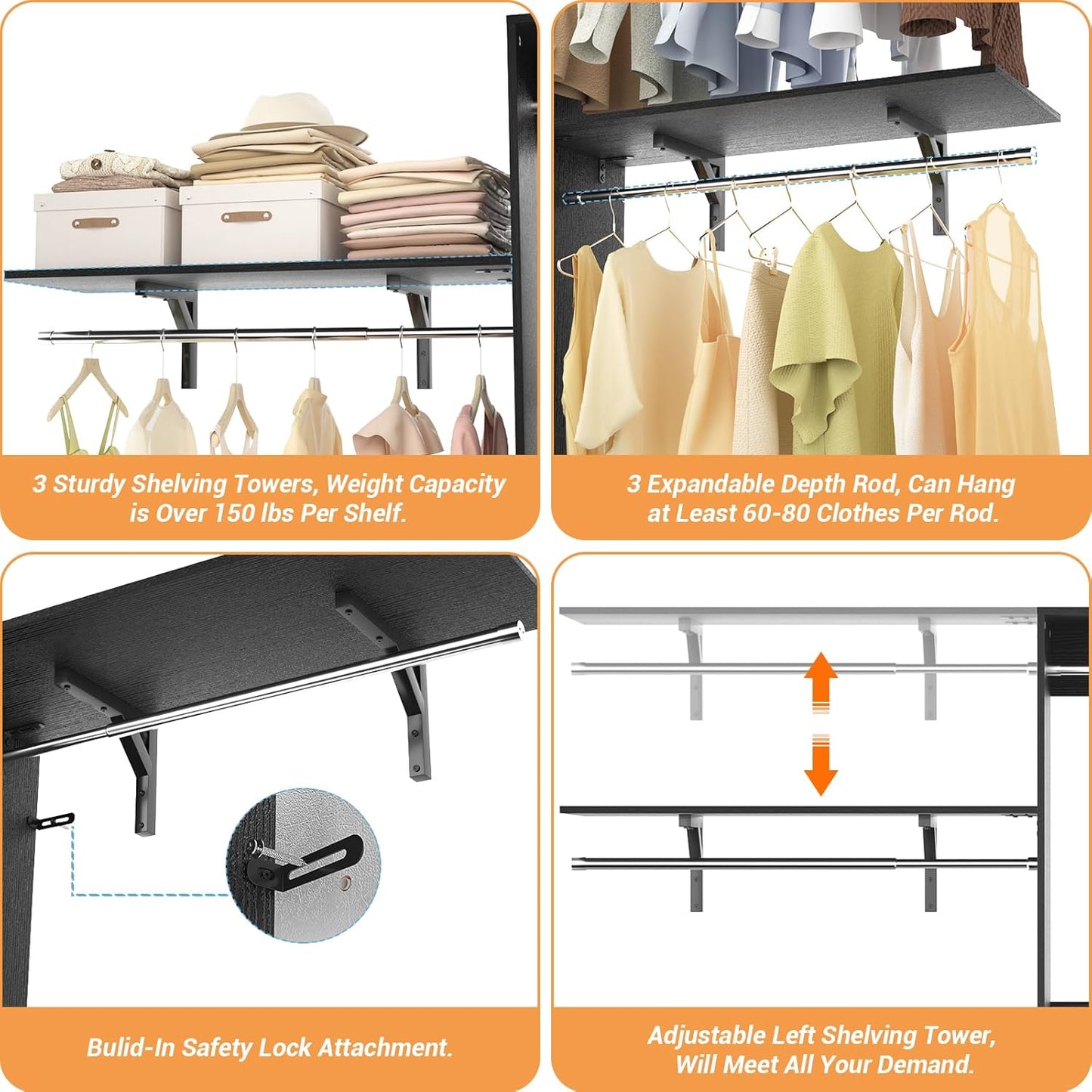8FT Closet System with Shelves, 96'' Closet Organizer System with 3 Hanging Rods, Wall Mount