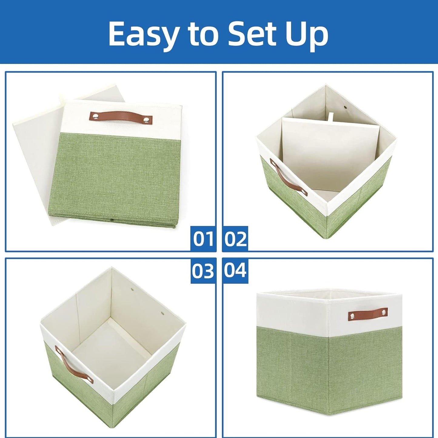Temary 12 Inch Fabric Storage Cubes Storage Bins with Leather Handles, 4 Pack Cube Baskets Bins for