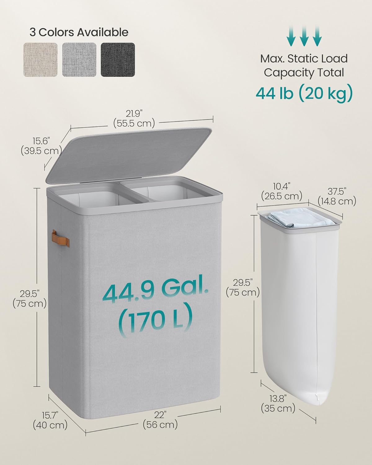 SONGMICS Laundry Basket, 44.9 Gal. Laundry Hamper, 2 Compartments, Easy Assembly, with Lid and