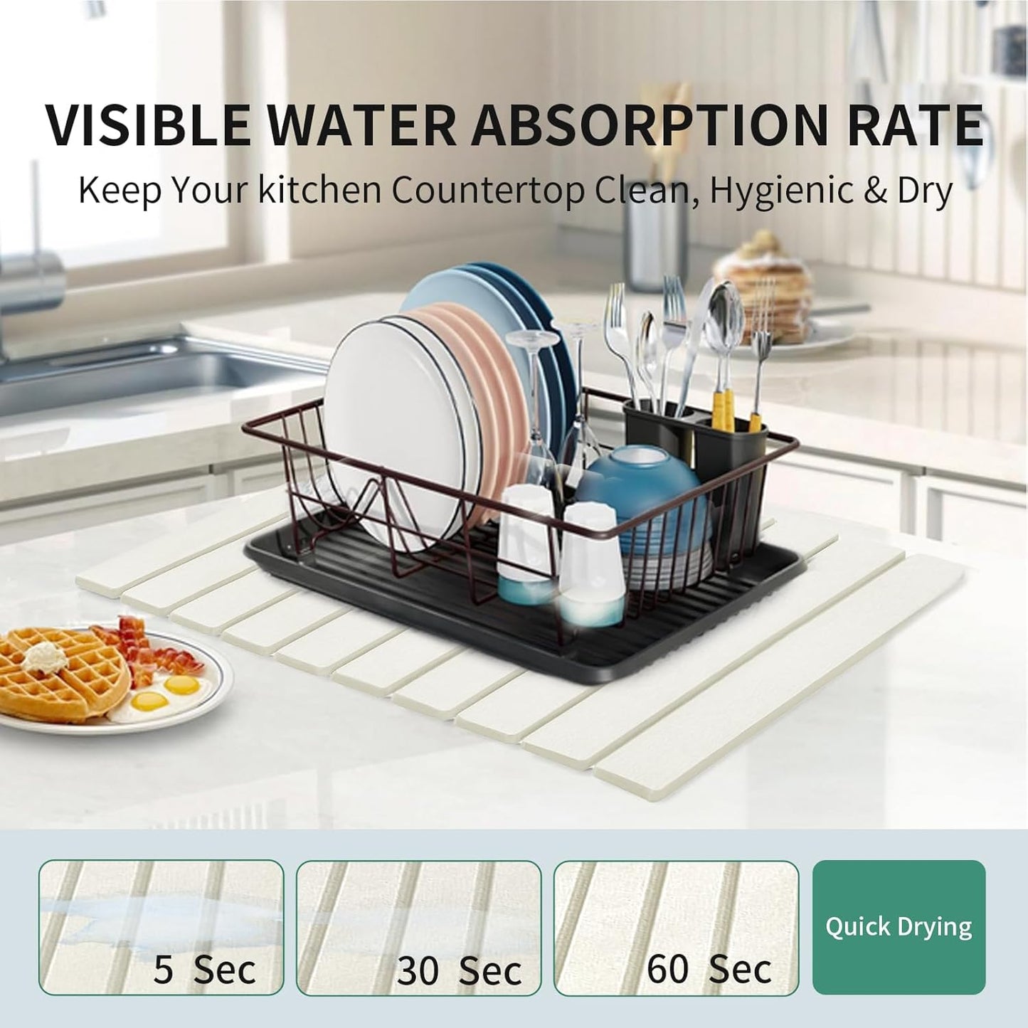 Stone Drying Mat for Kitchen Counter, Collapsible Dish Drying Mat, Fast Drying Diatomaceous Earth