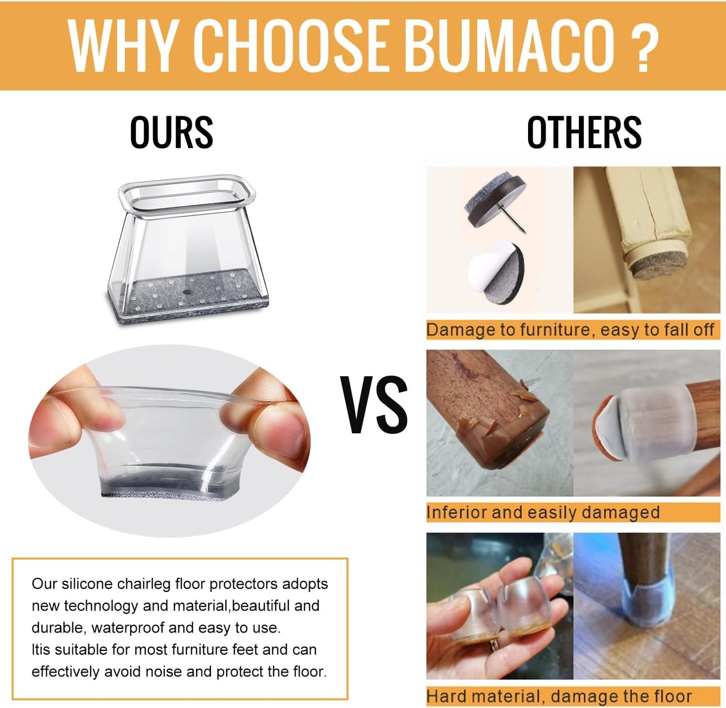 BUMACO Chair Leg Floor Protectors Rectangle Chair Leg Protectors for Hardwood Floors Silicone Pads