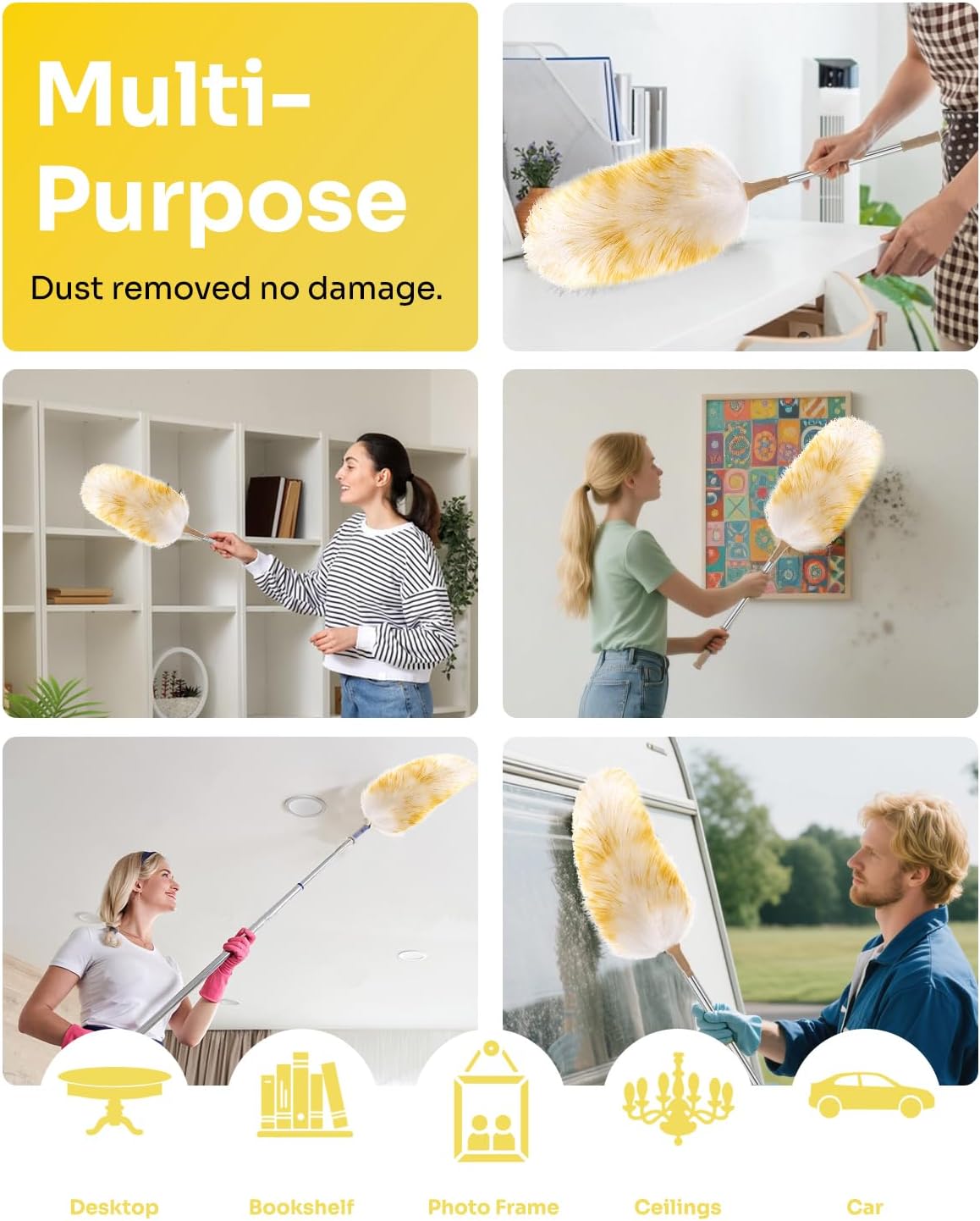 Extendable Lambswool Duster 30-100 Inch, Stainless Steel Long Handle Duster, Natural Feather Duster