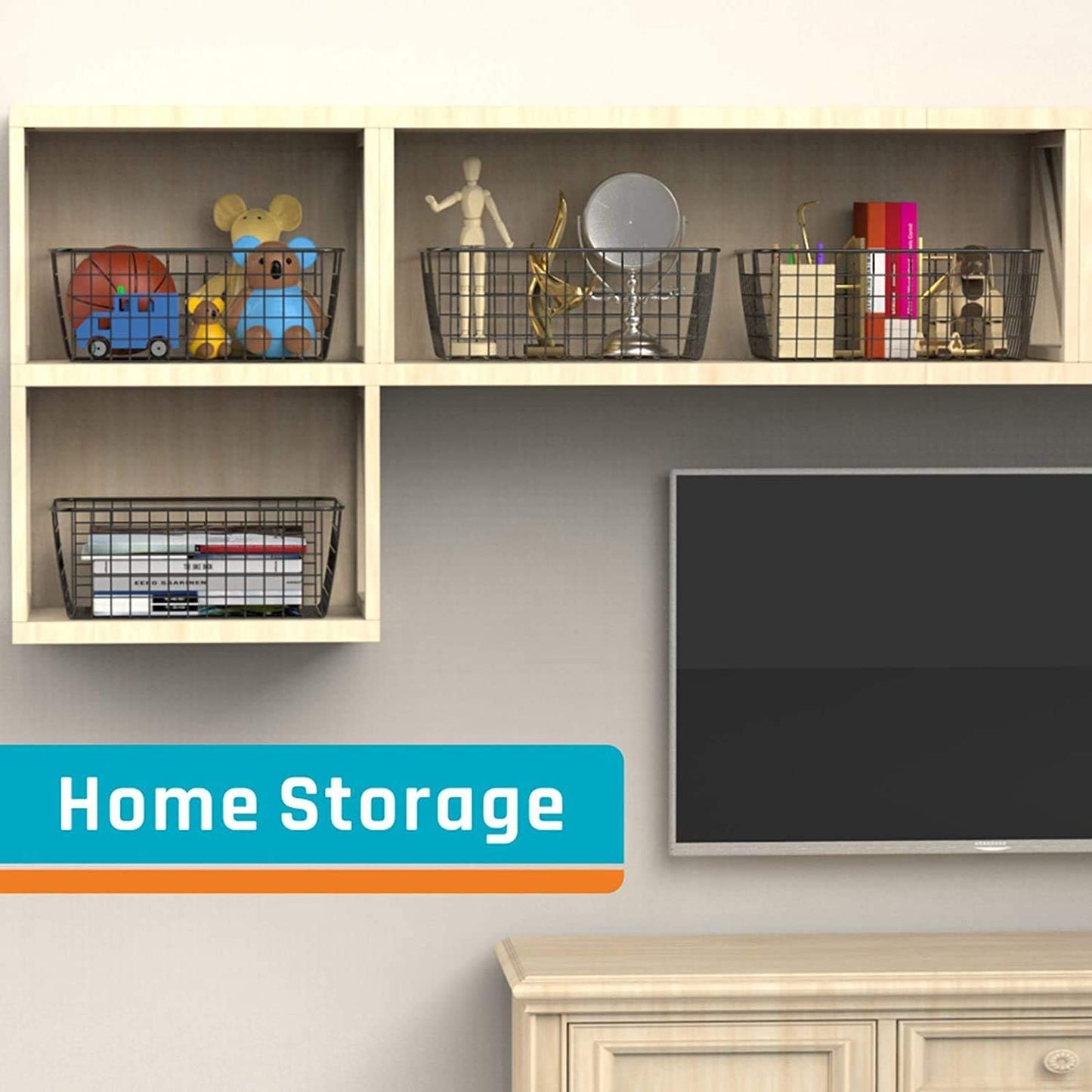 Metal Wire Food Storage Basket Organizer with Wooden Handles for Organizing Kitchen Cabinets, 2