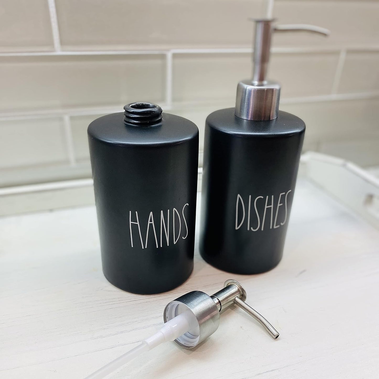 Modern Farmhouse Ceramic Dishes and Hands Soap Dispenser Set for Kitchen | Stainless Steel Pumps |