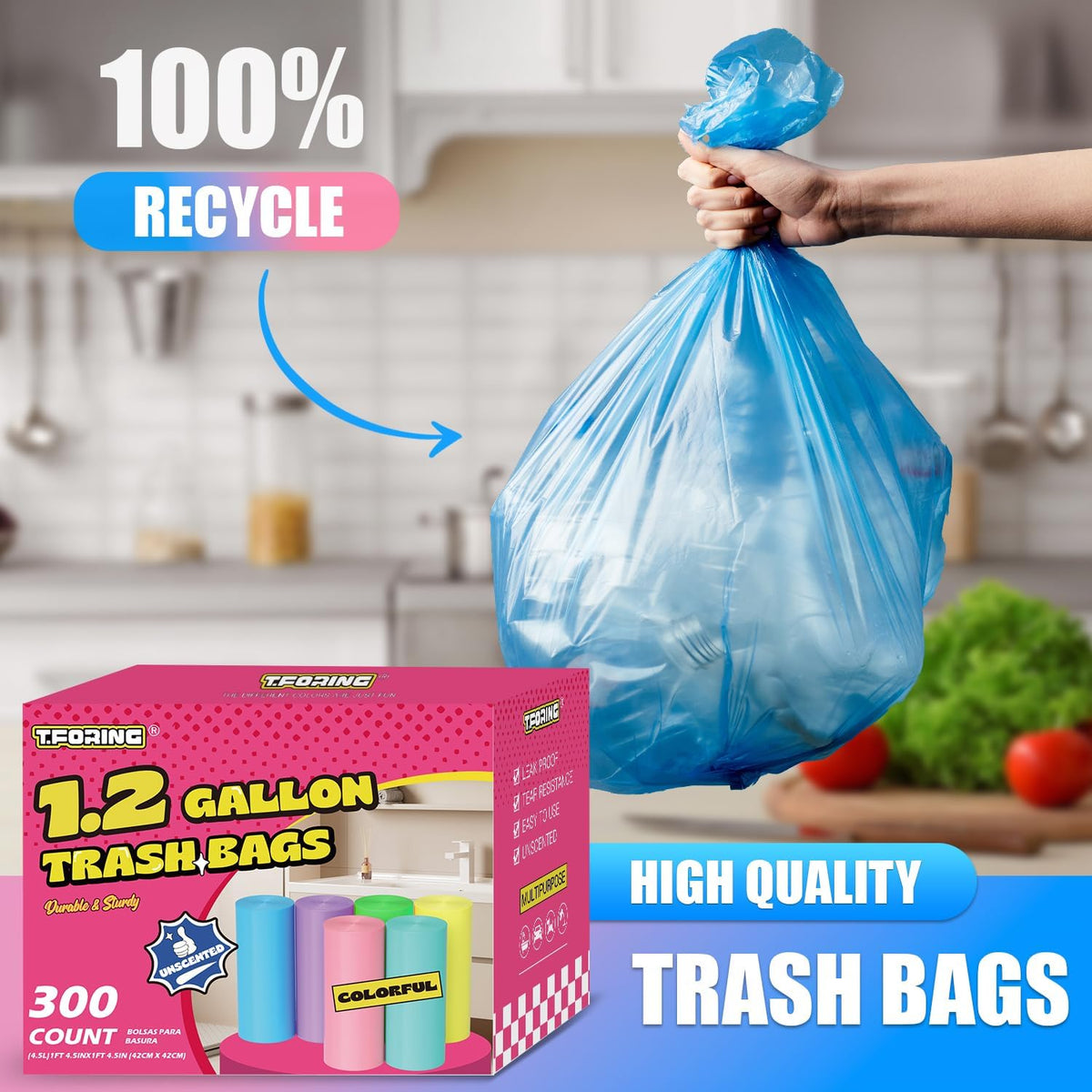 300 Count 1.2 Gallon Trash Bags - 4.5 Liter Colored Small Garbage Bags Unscented Mini Can Liners